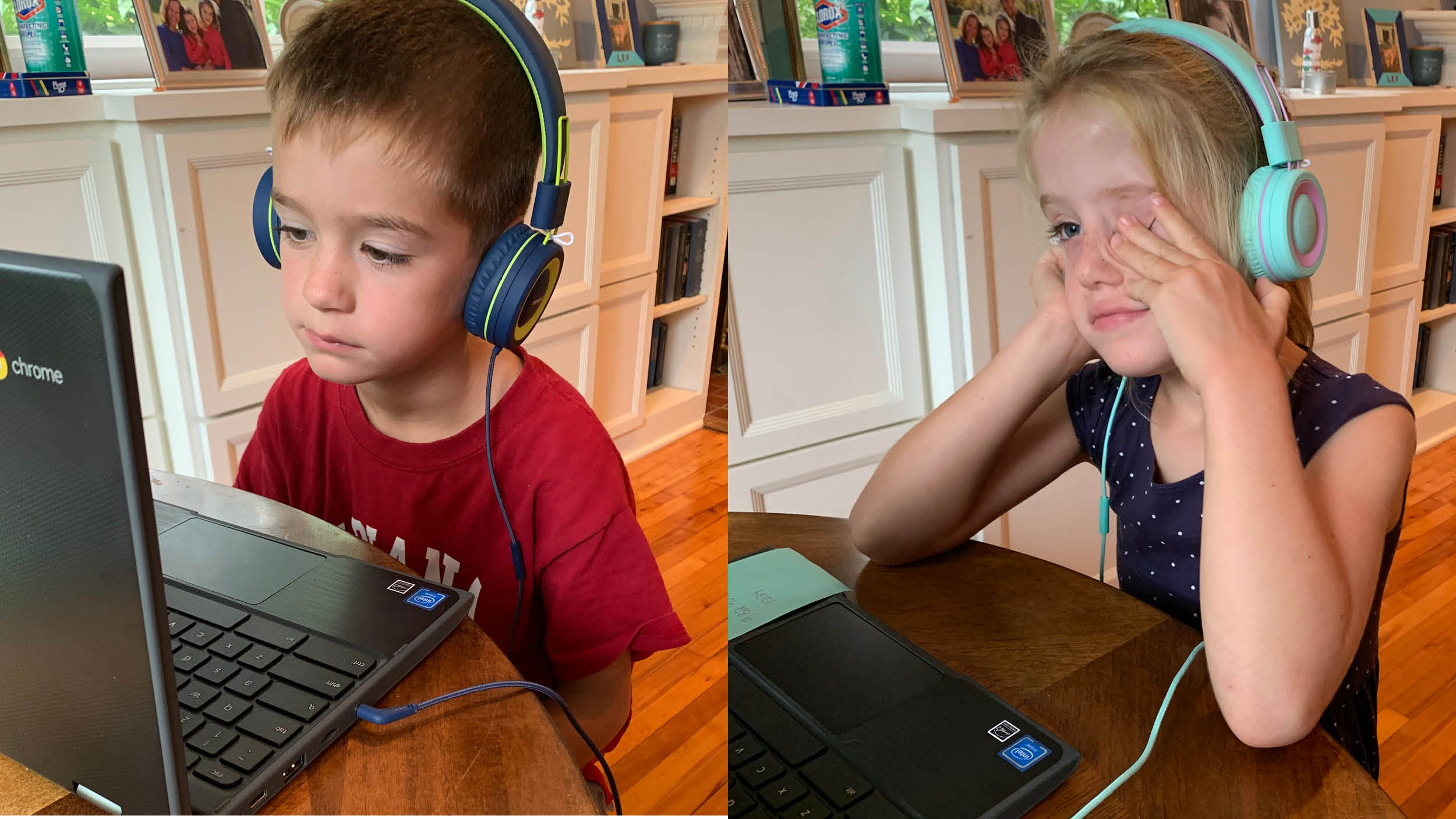 Two children attending Zoom sessions on laptops. They have headphones on and are staring at a screen